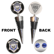 Load image into Gallery viewer, BL18-004 Massachusetts State Police Mass Trooper MSP Challenge Coin Wine Bottle Stopper with Lapel Pin