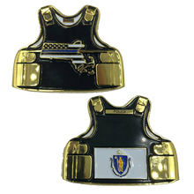 Load image into Gallery viewer, D-013 Massachusetts LEO Thin Blue Line Police Body Armor State Flag Challenge Coins