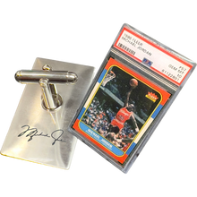 Load image into Gallery viewer, PBX-011-H Cufflinks for 1986 1987 Fleer Michael Jordan Rookie Card Collectors PSA 10 Facsimile Autograph back