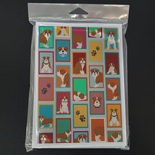 Load image into Gallery viewer, Lots of Red and White English Bulldog Greeting Cards -  Blank Note Cards – 8-Pack of Artist-Designed Cards with Envelopes