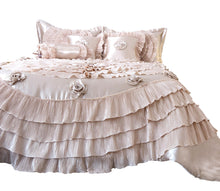Load image into Gallery viewer, Tache Satin Ruffle Luxury Floral Champagne Beige Frosted Field Comforter Set (MZ1051)