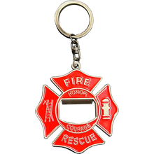 Load image into Gallery viewer, BL3-017 Maltese Cross Bottle Opener keychain Fire Department Challenge  Coin Fire Fighter keyring
