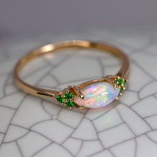 Load image into Gallery viewer, Minimalist Marquise Solid Opal Tsavorite Engagement Ring 18K Yellow Gold