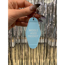 Load image into Gallery viewer, Middle Aged Prodigy Motel Style Keychain in Blue