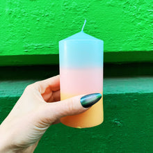 Load image into Gallery viewer, Mini Pillar Candle in Blue Pink Orange | Tri-Colored Ombre Aesthetic Table Candle 4.75"