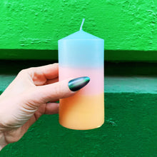 Load image into Gallery viewer, Mini Pillar Candle in Blue Pink Orange | Tri-Colored Ombre Aesthetic Table Candle 4.75"