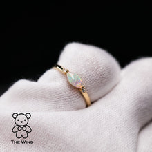 Load image into Gallery viewer, Minimalist Marquise Australian Solid Opal Diamond Engagement Ring 18K Yellow Gold.
