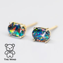 Load image into Gallery viewer, Minimalist Oval Australian Triplet Opal Stud Earrings 14k Yellow Gold