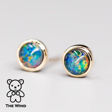 Load image into Gallery viewer, Minimalist Round Shaped Australian Triplet Opal Stud Earrings 14K Yellow Gold