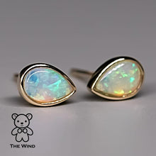 Load image into Gallery viewer, Minimalist Pear Shaped Australian Solid Opal Stud Earrings 14K Yellow Gold