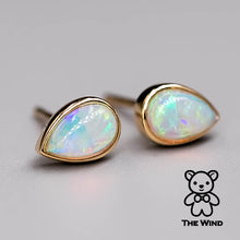 Load image into Gallery viewer, Minimalist Pear Shaped Australian Solid Opal Stud Earrings 14K Yellow Gold