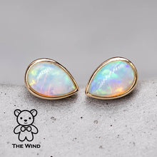 Load image into Gallery viewer, Minimalist Pear Shaped Australian Solid Opal Stud Earrings 14K Yellow Gold