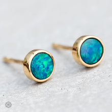 Load image into Gallery viewer, Minimalist Round Australian Doublet Opal Stud Earrings 18k Yellow Gold