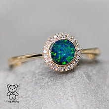 Load image into Gallery viewer, Minimalist Round Shaped Australian Doublet Opal &amp; Diamond Ring 14K Yellow Gold