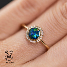 Load image into Gallery viewer, Minimalist Round Shaped Australian Doublet Opal &amp; Diamond Ring 14K Yellow Gold
