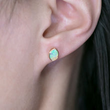 Load image into Gallery viewer, Minimalist Oval Australian Solid Opal Stud Earrings 14k Yellow Gold