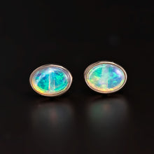 Load image into Gallery viewer, Minimalist Oval Australian Solid Opal Stud Earrings 14k Yellow Gold