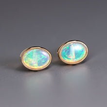 Load image into Gallery viewer, Minimalist Oval Australian Solid Opal Stud Earrings 14k Yellow Gold
