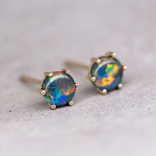Load image into Gallery viewer, Round Shaped Minimalist Six Prong Triplet Opal Stud Earrings 18K Yellow Gold