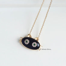 Load image into Gallery viewer, Mystic Black Cat Necklace in 18K Gold with Tsavorite Diamond Eyes