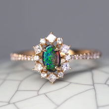 Load image into Gallery viewer, N1 Black Opal  Princess Diamond Halo Engagement Ring 18K Yellow Gold