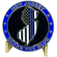 Load image into Gallery viewer, BL3-004 New Jersey NJ BACKS THE BLUE Thin Blue Line Police Challenge Coin with free matching State Flag pin back the blue Sheriff NJSP Newark trooper