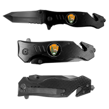 Load image into Gallery viewer, National Park Service Park Ranger NPS 3-in-1 Tactical Rescue tool knife with Seatbelt Cutter Steel Serrated Blade Glass