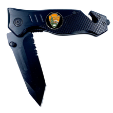 Load image into Gallery viewer, National Park Service Park Ranger NPS 3-in-1 Tactical Rescue tool knife with Seatbelt Cutter Steel Serrated Blade Glass