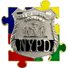 Load image into Gallery viewer, EE-022 NYPD Police Officer New York City Police Autism Awareness Month lapel pin puzzle pieces display like a challenge coin