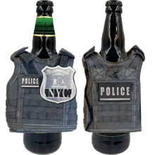 Load image into Gallery viewer, NYPD New York City Police Officer Tactical Beverage Bottle or Can Cooler Vest with removable patches perfect gift for Challenge Coin collectors