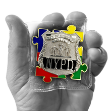 Load image into Gallery viewer, EE-022 NYPD Police Officer New York City Police Autism Awareness Month lapel pin puzzle pieces display like a challenge coin