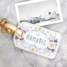 Load image into Gallery viewer, Nomadic Boho Luggage Tag | Floral Sunrise Wreath Design with Metallic Strap