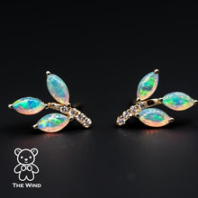 Load image into Gallery viewer, Olive Branch Leaf Design Australian Solid Opal Diamond Stud Earrings 14K Yellow Gold