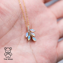 Load image into Gallery viewer, Olive Leaf Design Australian Opal Diamond Necklace 14K Yellow Gold