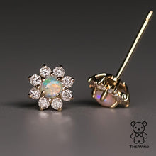 Load image into Gallery viewer, Classic Halo Australian Opal &amp; Diamonds Stud Earrings 14K Yellow Gold