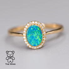Load image into Gallery viewer, Oval Shaped Australian Doublet Opal Halo Diamond Ring 14k Yellow Gold