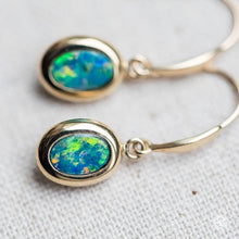 Load image into Gallery viewer, Oval Australian Doublet Opal Drop Earrings 14k Yellow Gold