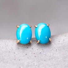 Load image into Gallery viewer, Oval Shaped Turquoise Stud Earrings 14k Yellow Gold
