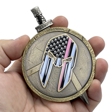 Load image into Gallery viewer, EL3-019 Breast Cancer Awareness Warrior Gladiator Survivor Thin Pink Line Shield with removable Sword Challenge Coin Set Police Sheriff Deputy Marines Army Air Force Navy Coast Guard