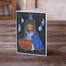 Load image into Gallery viewer, Sheltie Halloween Witch Greeting Cards -  Blank Note Cards – 8-Pack of Artist-Designed Cards with Envelopes