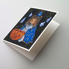 Load image into Gallery viewer, Sheltie Halloween Witch Greeting Cards -  Blank Note Cards – 8-Pack of Artist-Designed Cards with Envelopes