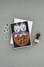 Load image into Gallery viewer, Westie Halloween Pumpkin Ride Greeting Cards -  Blank Note Cards – 8-Pack of Artist-Designed Cards with Envelopes