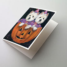 Load image into Gallery viewer, Westie Halloween Pumpkin Ride Greeting Cards -  Blank Note Cards – 8-Pack of Artist-Designed Cards with Envelopes
