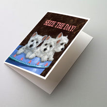 Load image into Gallery viewer, Westie Seize the Day Greeting Cards -  Blank Note Cards – 8-Pack of Artist-Designed Cards with Envelopes