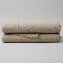 Load image into Gallery viewer, DaDa Bedding Elegant Fringed Cotton Quilted Throw Blanket - Luxurious Solid Soft Paisley Pattern, Cozy Lightweight Lap Throw, Perfect for Couch or Bed, Neutral Sandy Taupe Tan Beige, 50x60 Inches