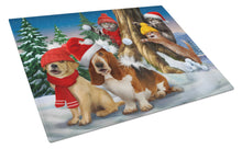 Load image into Gallery viewer, Basset, Golden and Cats Snowball Fight Glass Cutting Boards – Durable, Decorative Kitchen Art Large PTW2066LCB