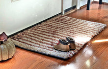 Load image into Gallery viewer, DaDa Bedding Shaggy Soft Door Mat Carpet Rug - 20" x 32" Striped Shiny Coffee Light Beige / Dark Brown