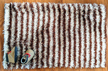 Load image into Gallery viewer, DaDa Bedding Shaggy Soft Door Mat Carpet Rug - 20" x 32" Striped Shiny Coffee Light Beige / Dark Brown