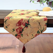 Load image into Gallery viewer, Tache Floral Red Roses Hummingbirds Golden Woven Tapestry Table Runner (18115)