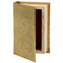 Load image into Gallery viewer, Peacock Metallic Gold Vintage Book Box | Faux Leather Wrap Book Shaped Storage Stash Trinket Box